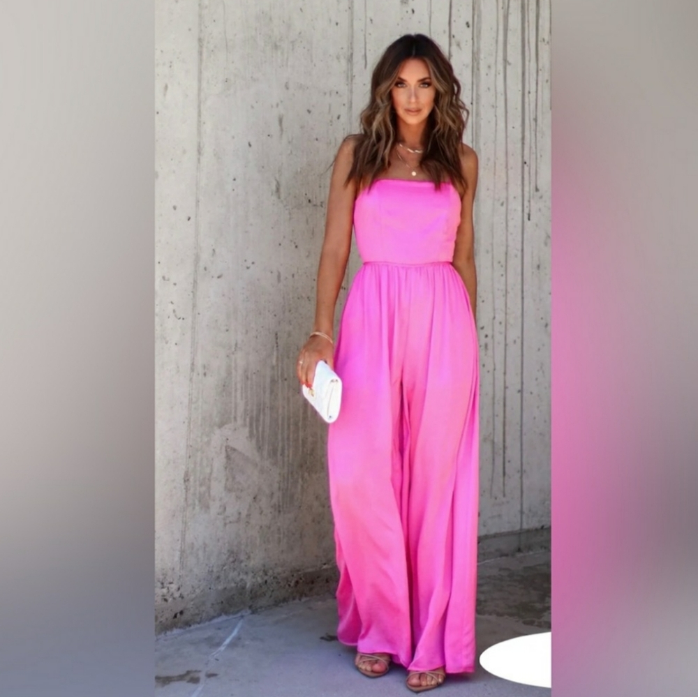 Vici Aakaa Picture Perfect Satin Wide Leg Pink Jumpsuit NEW - Picture 1 of 7